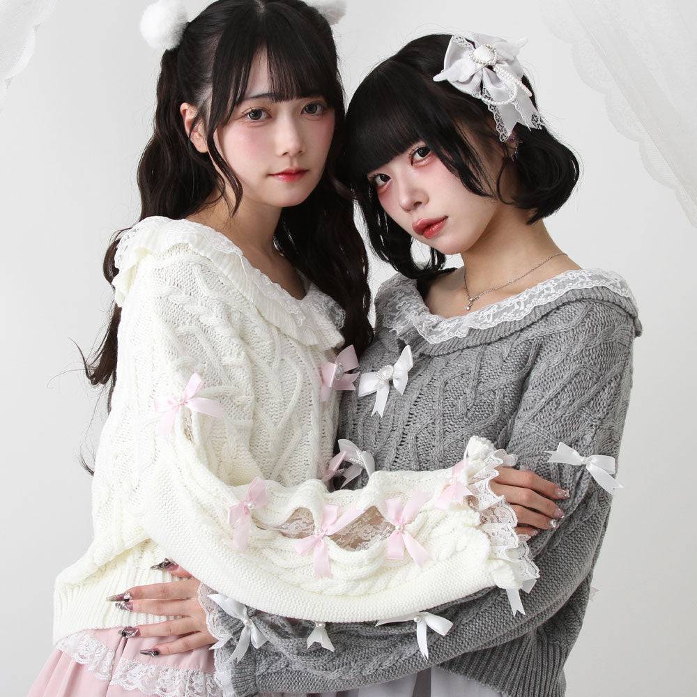 Dear My Love white v-neck ribbon lace knit sweater – Grumpy Bunny