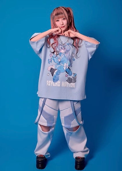 Psycho Nation x Rene "Gamer Cat" blue t-shirt