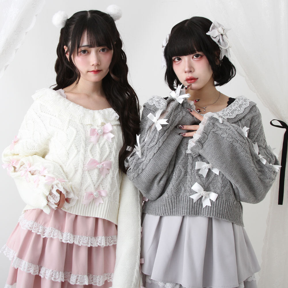 Dear My Love white v-neck ribbon lace knit sweater – Grumpy Bunny