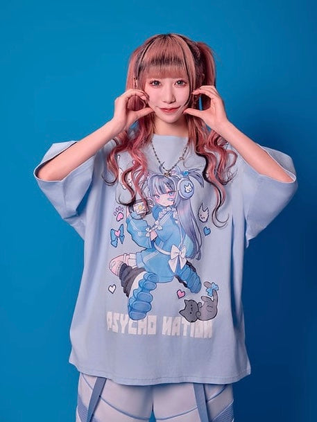 Psycho Nation x Rene "Gamer Cat" blue t-shirt