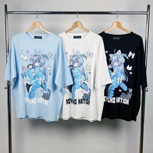 Psycho Nation x Rene "Gamer Cat" blue t-shirt