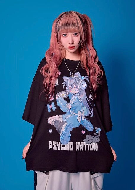 Psycho Nation x Rene "Gamer Cat" black t-shirt ~ LAST ONE!