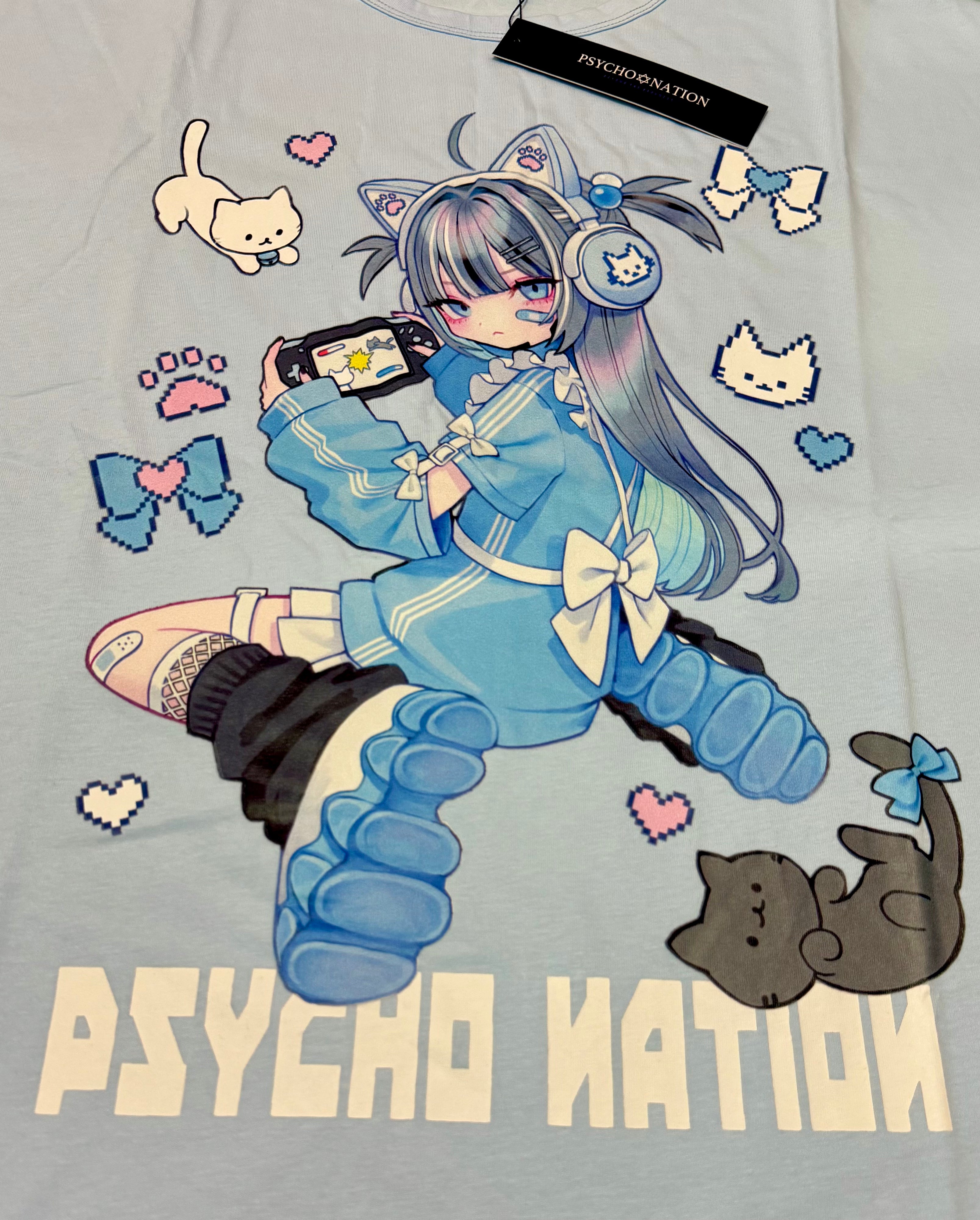 Psycho Nation x Rene "Gamer Cat" blue t-shirt